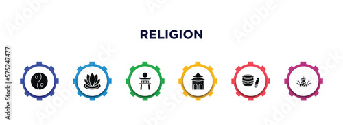 religion filled icons with infographic template. glyph icons such as taoism, zen, shinto, shrine, standing bell, shiva vector.