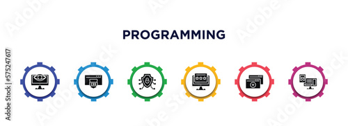 programming filled icons with infographic template. glyph icons such as seo monitoring, css, secured network, seo reputation, duplicate, adaptive layout vector.