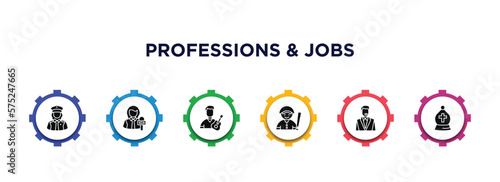 professions & jobs filled icons with infographic template. glyph icons such as policewoman, reporter, guitar player, baseball player, bouncer, bishop vector.