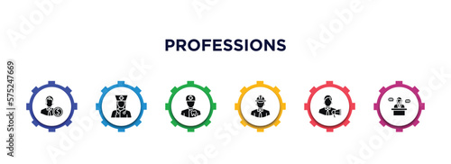 professions filled icons with infographic template. glyph icons such as accountant, physician assistant, orthodontist, engineer, marketing manager, secretary vector.