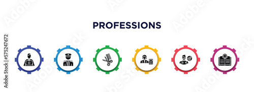 professions filled icons with infographic template. glyph icons such as programmer, captain, barber, mathematician, podiatrist, guide vector.