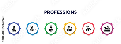 professions filled icons with infographic template. glyph icons such as builder, pharist, photographer, chemist, superhero, clerk vector.