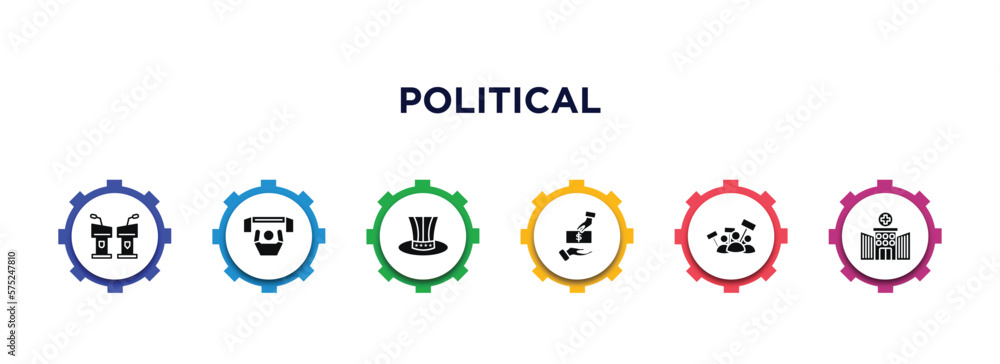 political filled icons with infographic template. glyph icons such as debate, supporter, uncle sam hat, bribe, protest, health clinic vector. political filled icons with infographic template. glyph icons such as debate, supporter, uncle sam hat, bribe, protest, health clinic vector.