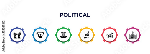 political filled icons with infographic template. glyph icons such as debate, supporter, uncle sam hat, bribe, protest, health clinic vector.