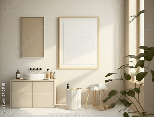 Minimalist Scandinavian Bathroom Interior Design with Small Blank Poster Mockup Created with Generative AI