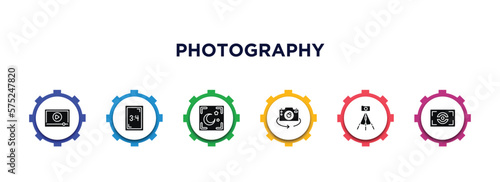 photography filled icons with infographic template. glyph icons such as play video, aspect, night mode, chroma, tr, metering vector.