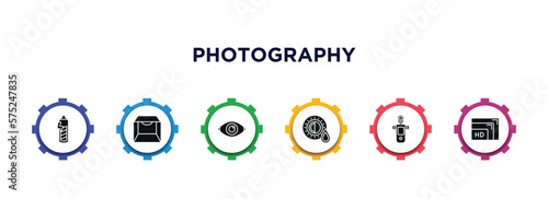 photography filled icons with infographic template. glyph icons such as carging, light box, red eye, shades, light meter, resolution vector.