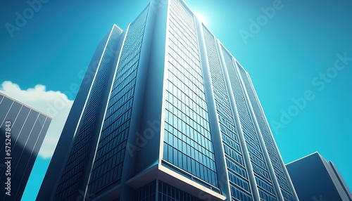 Towering office building stands against a clear blue sky in a striking corporate illustration