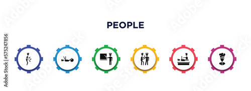 people filled icons with infographic template. glyph icons such as stoh ache, physiotherapy, school teacher, gossip, chiropractic, cook vector.