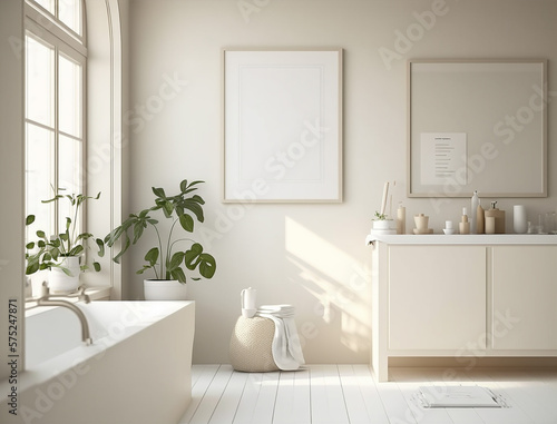 Minimalist Scandinavian Bathroom Interior Design with Small Blank Poster Mockup Created with Generative AI