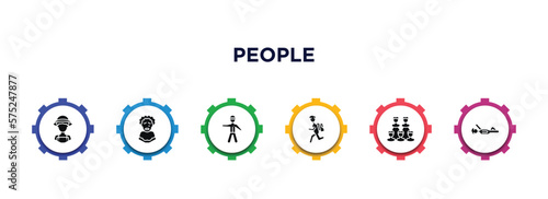 people filled icons with infographic template. glyph icons such as farmers, pierrot, policeman standing up, backpacker running, relation, iying down vector.