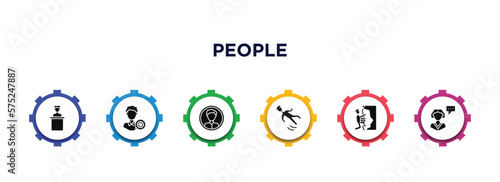 people filled icons with infographic template. glyph icons such as speaker in a conference, layer working, masculine avatar, slide down, climbing sport, monologue vector.