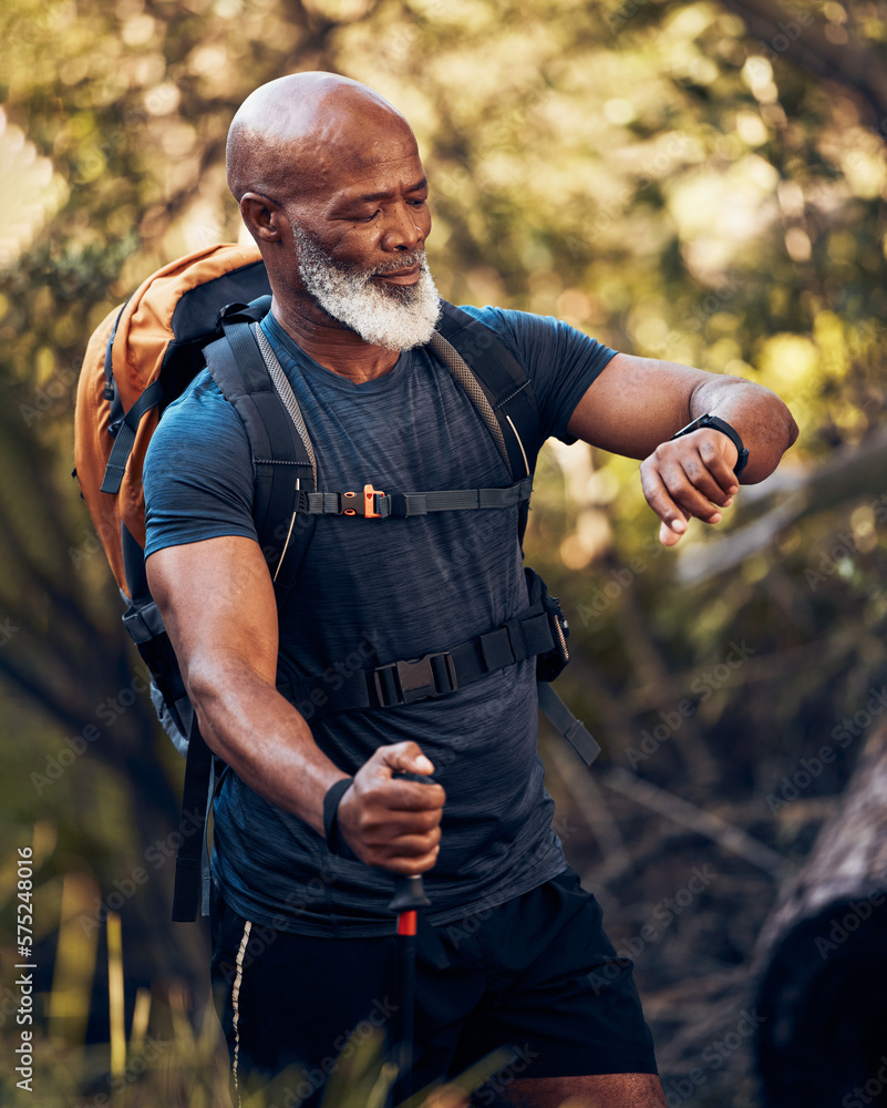 Man, hiking and watch on adventure in nature for trekking, fitness and  cardio exercise. Senior black person with backpack walking outdoor with  clock for gps travel time, health and wellness app Stock