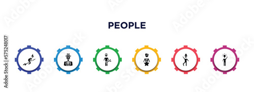 people filled icons with infographic template. glyph icons such as witch flying broom, sir, architect, perfect worker, man partying, man with an idea vector.