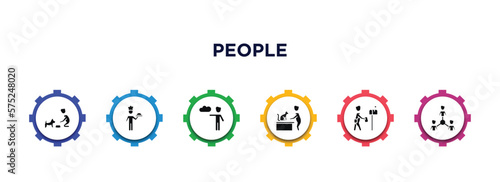 people filled icons with infographic template. glyph icons such as feeding a dog, cooker with tray, weathercaster, vet with cat, postman working, team success vector.