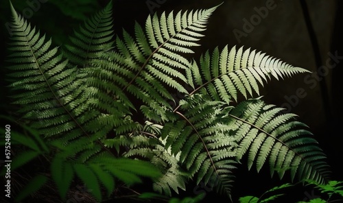  a fern leaf is shown in a dark room with green leaves. generative ai