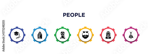 people filled icons with infographic template. glyph icons such as students graduation hat, julus, baby zone, beard, bedouin, emperor vector.