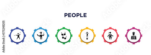 people filled icons with infographic template. glyph icons such as flag semaphore language, ticket collector, couple of glasses, man jumping, scholar girl front, tumb up business man vector.