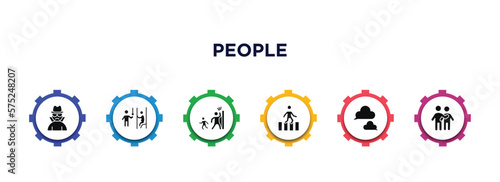 people filled icons with infographic template. glyph icons such as gangsters, pregnant priority, hide and seek, crossing road, chat balloon, man hugging vector.