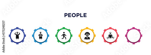 people filled icons with infographic template. glyph icons such as sexual harassment, takbir, qiyam, bast, old woman, round table vector.