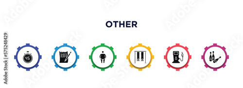 other filled icons with infographic template. glyph icons such as digital number 45, paper list and a pencil, overweight, swing game, fuel service, skittles vector.