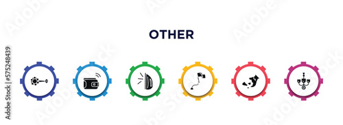 other filled icons with infographic template. glyph icons such as baby's rattle, smart wallet, flatiron, milestone, broken vase, chandeliers vector.