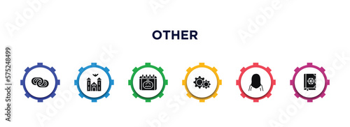 other filled icons with infographic template. glyph icons such as interlock, church with bats, pumpkin calendar, tings, arabian woman, seventeen vector.