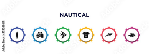 nautical filled icons with infographic template. glyph icons such as one suroard, binocular, fish facing right, shirt, shark, fish vector.