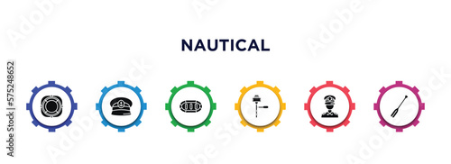 nautical filled icons with infographic template. glyph icons such as lifesaver, captain hat, rubber raft, boat engine, sailor, oars vector.