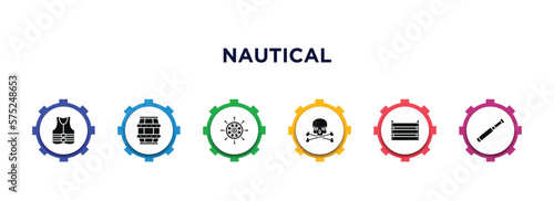 nautical filled icons with infographic template. glyph icons such as life jacket, big barrel, boat steering wheel, skull and bones, big crate, nautical monocular vector.