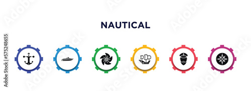 nautical filled icons with infographic template. glyph icons such as marine, speedboat, boat screw, caravel, ship admiral, azimuth compass vector.