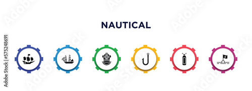 nautical filled icons with infographic template. glyph icons such as pirate ship, frigate, diving helmet, fishing hook, oxygen tank, sea flag vector.
