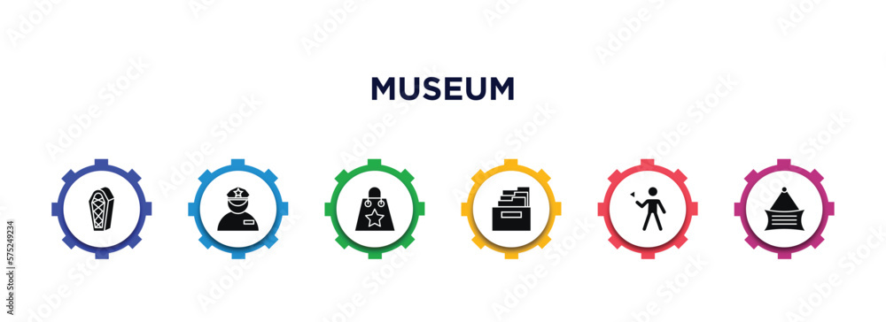 museum filled icons with infographic template. glyph icons such as sarcophagus, security guard, souvenir, archivist, excursion, vector. museum filled icons with infographic template. glyph icons such as sarcophagus, security guard, souvenir, archivist, excursion, vector.