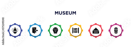 museum filled icons with infographic template. glyph icons such as ceramic, exit, anthropology, exhibition, open, african mask vector.