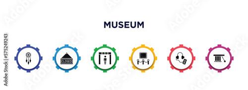 museum filled icons with infographic template. glyph icons such as dreamcatcher, closed, metal detector, exhibit, audio guide, newtons cradle vector.