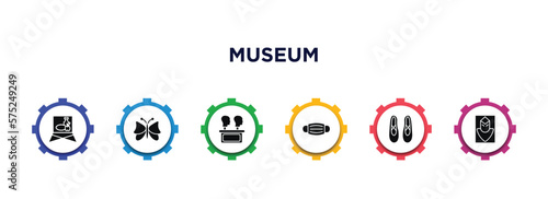 museum filled icons with infographic template. glyph icons such as museum canvas, butterfly, remains, mask, ballet, el greco vector.