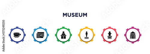 museum filled icons with infographic template. glyph icons such as cafe, postcards, information desk, statue, bust, antic architecture vector.