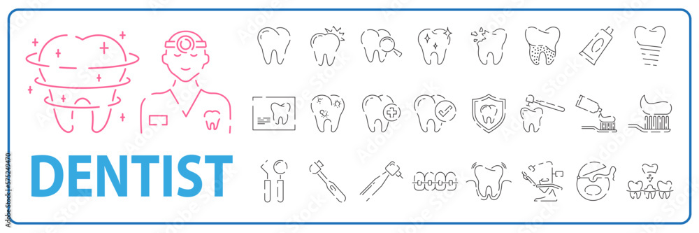 Dental tooth icons set, such as dentist, clean, protect treat, oral. Health, medicine, medical or hospital vector Dental tooth icons set, such as dentist, clean, protect treat, oral. Health, medicine, medical or hospital vector