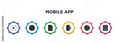 mobile app filled icons with infographic template. glyph icons such as media player, sport, description, mobile shopping, music and multimedia, news vector. photo