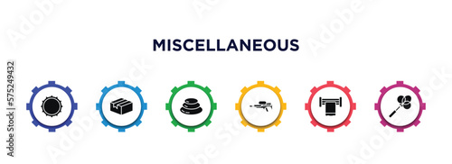 miscellaneous filled icons with infographic template. glyph icons such as beer cap, product, pebble, flame thrower, towel rack, carpet beater vector.