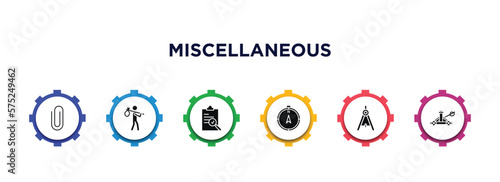 miscellaneous filled icons with infographic template. glyph icons such as paperclip attachment, refugee, evaluate, compass pointing north, school compass, catapult vector.