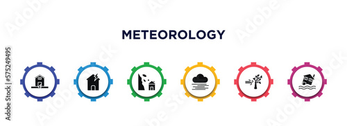 meteorology filled icons with infographic template. glyph icons such as earthquake and home, broken roof, avalanche and house, fog, wind and bend trees, flooding house vector.