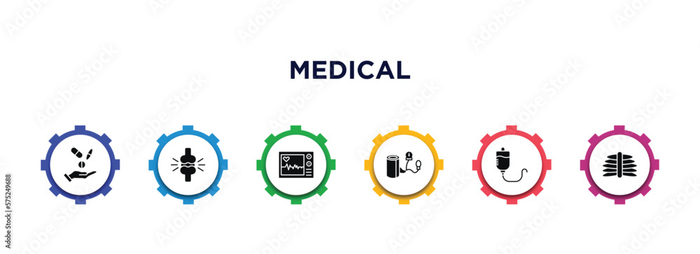 medical filled icons with infographic template. glyph icons such as antibiotic, femur, ecg, blood pressure, transfusion, x ray vector. medical filled icons with infographic template. glyph icons such as antibiotic, femur, ecg, blood pressure, transfusion, x ray vector.
