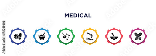 medical filled icons with infographic template. glyph icons such as drug pills, phary tool, molecular configuration, acid falling on hand, medicines bowl, sticking plaster vector.