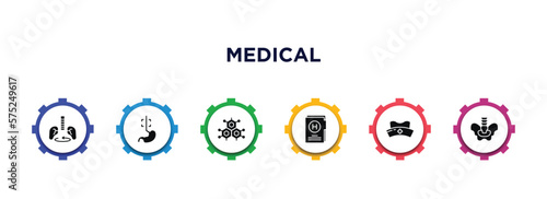 medical filled icons with infographic template. glyph icons such as breath control, esophagus, molecular structure, medical results folders, nurse cross, pelvic area vector.