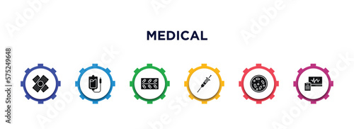 medical filled icons with infographic template. glyph icons such as bandage cross, perfusion, cure, syringe with medicine, cells in a circle, diagtic vector.