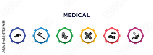 medical filled icons with infographic template. glyph icons such as breast implant, tooth brush, medical insurance, plaster, pill, stoh vector.