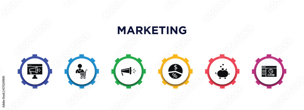 Naklejka premium marketing filled icons with infographic template. glyph icons such as online marketing, consumer, campaign, margin, pig bank, crm vector.