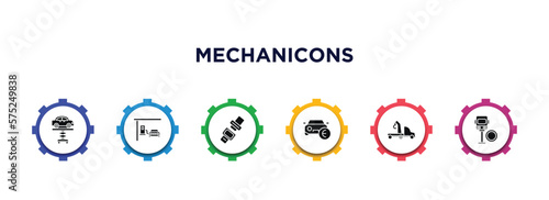 mechanicons filled icons with infographic template. glyph icons such as car lifter, car at gas station, car seat belt, sale in euros, crane, bus in reparation vector.