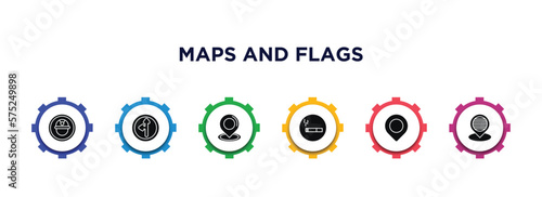 maps and flags filled icons with infographic template. glyph icons such as mine site, road left side, locator, smoke zone, locato, placeholder point vector.